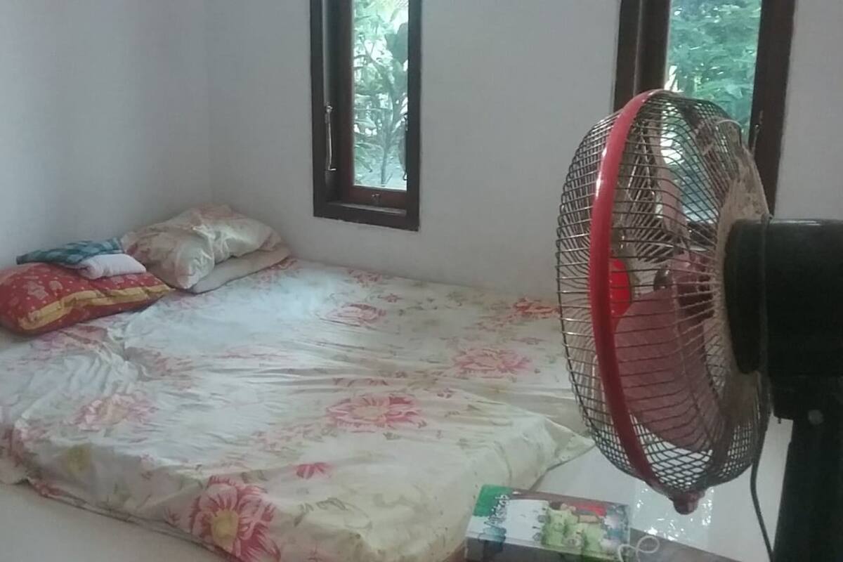 A small bedroom with a single bed, a standing fan, and a window.