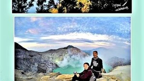 A mountain landscape with a volcano in the background and two people sitting on a rocky outcrop. - Fida Ijen Crater Guesthouse (Banyuwangi)