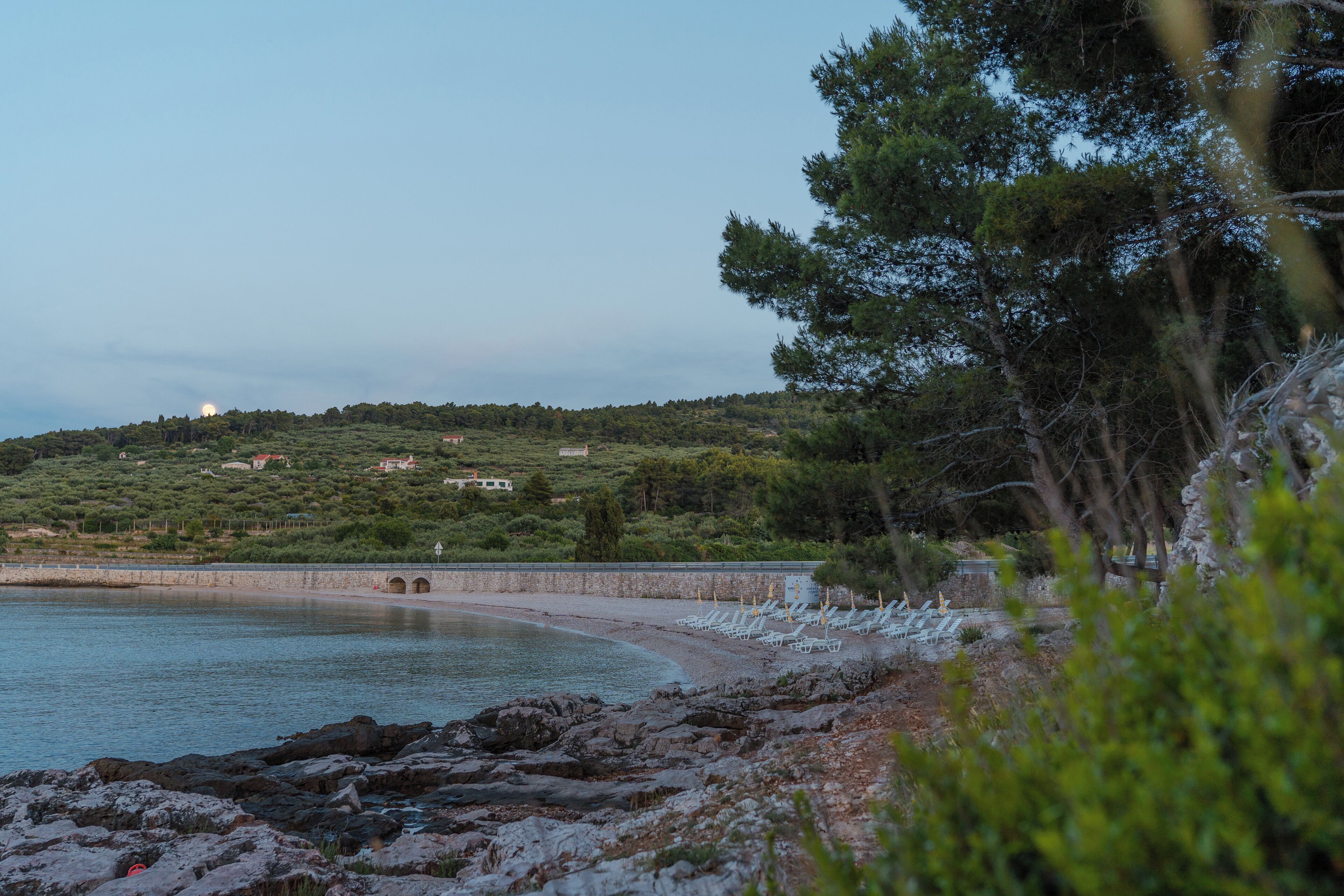A coastal landscape with a rocky shoreline, a bridge, and a hill with buildings in the background.