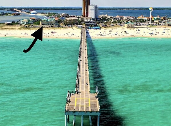 Walk along the pier and enjoy the views of the surrounding waters.