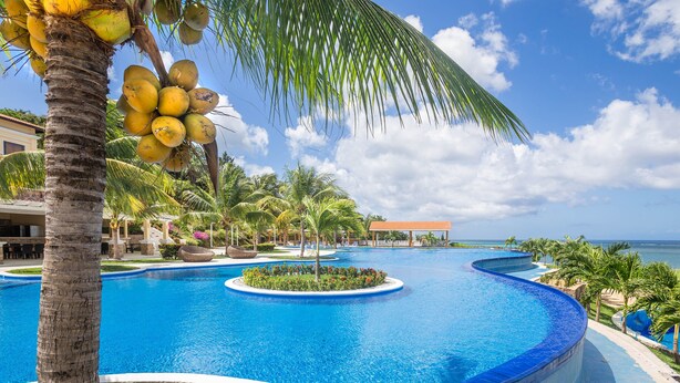 A resort pool with palm trees and a view of the ocean. - Pristine-Golf Course large luxury villa (Roatan)