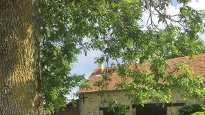 Un edificio de piedra rústico con tejado de tejas, un garaje y un césped bien cuidado con diversas plantas.