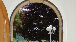 Ein Kiesweg führt zu einem Garten mit verschiedenen Pflanzen und Blumen.