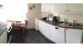 Fridge, stovetop, dishwasher, coffee/tea maker