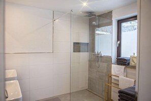 Shower, hair dryer, towels, toilet paper