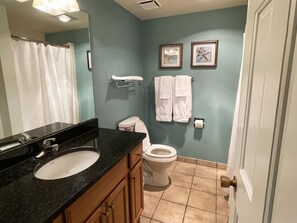 Une salle de bain avec un lavabo sur un plan de toilette noir, des meubles en bois, des toilettes blanches et un rideau de douche.