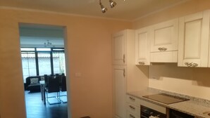 A modern kitchen with white cabinets, a dishwasher, and a granite countertop. There is a dining area visible through an open doorway. - Hiša Kramer - Apartment Sedlo (Kobarid)