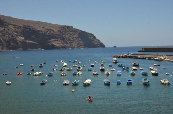 A coastal area with numerous boats docked along the shore and a rocky cliff in the background.
