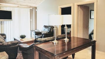 Smart TV, fireplace, books, stereo