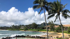 A beach resort with palm trees, ocean waves, and a mountainous backdrop. - Beautiful condo,air conditioning in bedrooms,ocean 100 yards from unit,sleeps 4 (Kapaa)