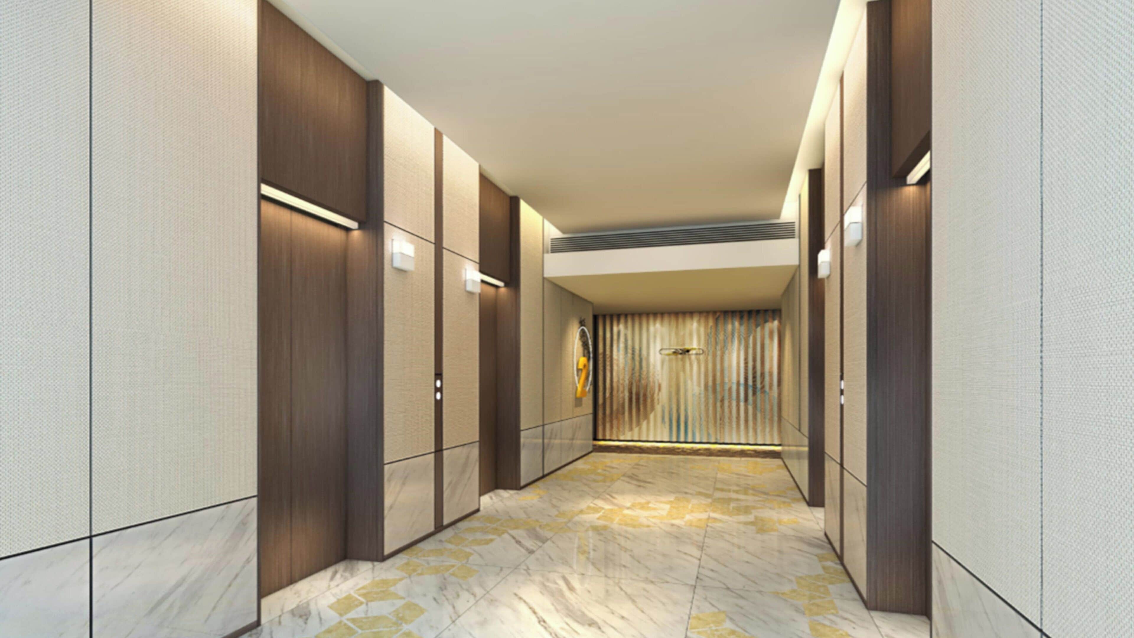 A hallway with a marble floor, wooden paneling, and a door with a striped curtain.