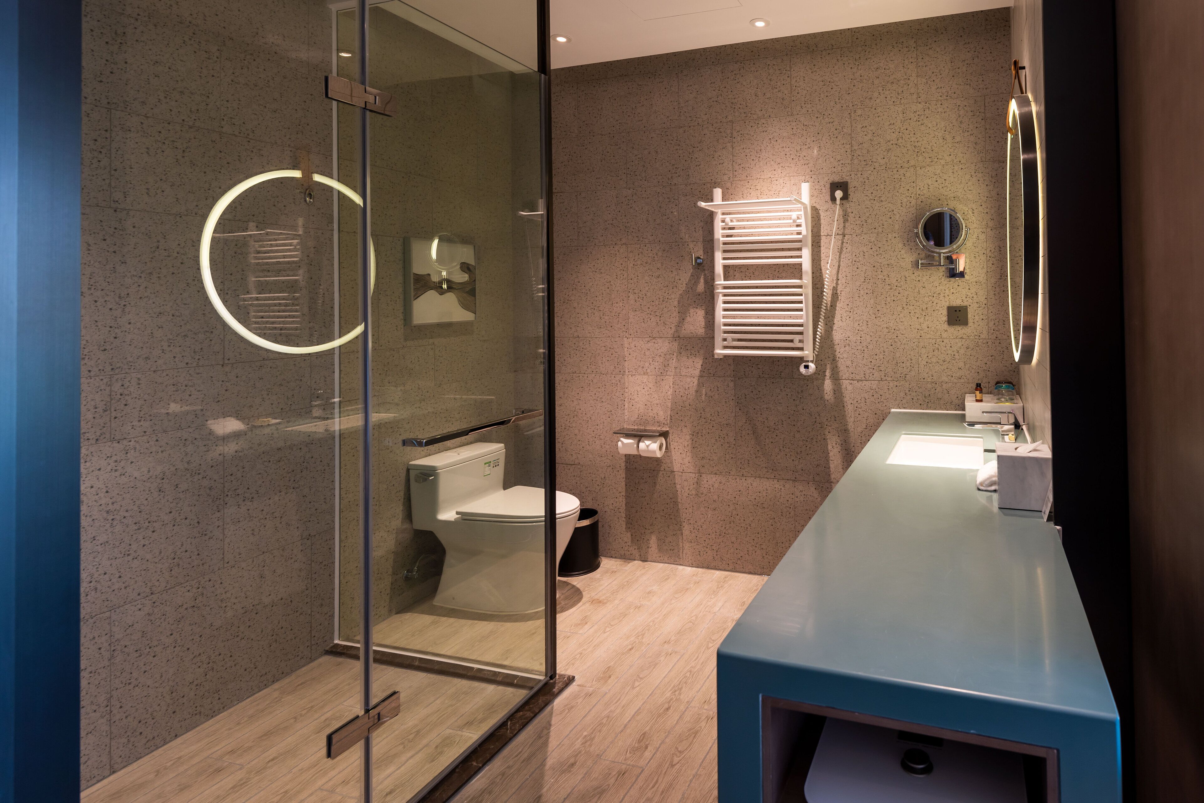 A modern bathroom with a glass-enclosed shower, a toilet, a sink, and a towel rack.