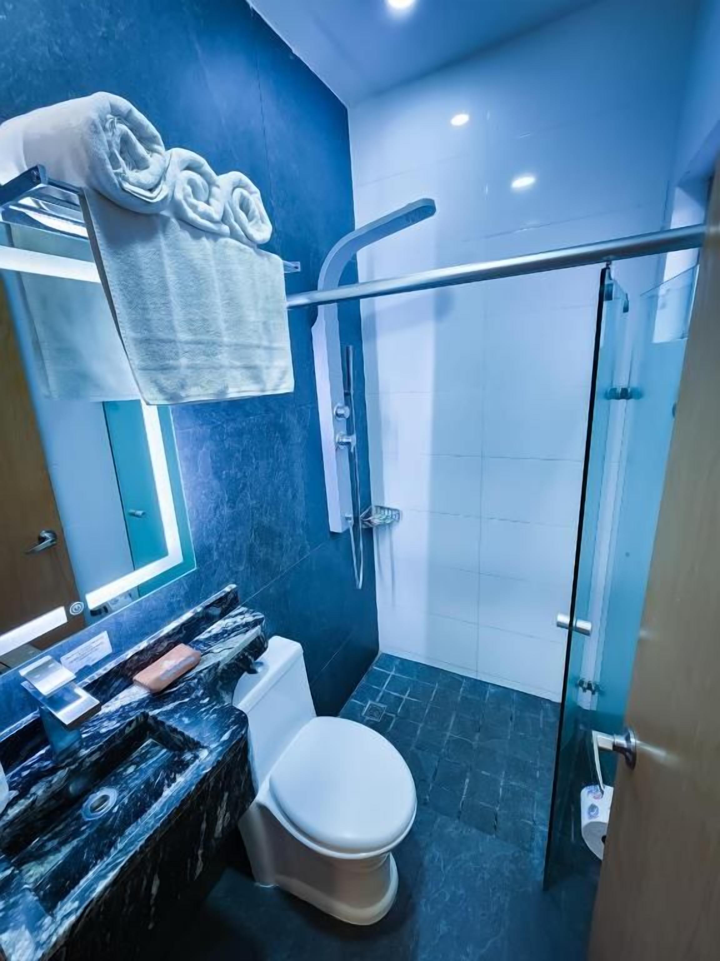 A bathroom with a marble sink, a toilet, and a glass shower enclosure.