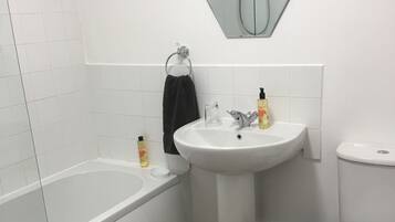 Combined shower/bathtub, hair dryer, towels