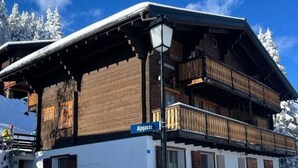A wooden chalet with a balcony, surrounded by snow, labeled "Alpgausse".