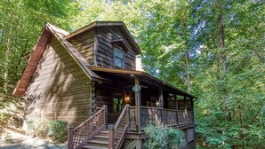 A rustic cabin with a porch, wooden stairs, and a sign indicating 'Squirrel's Hollow 96'.