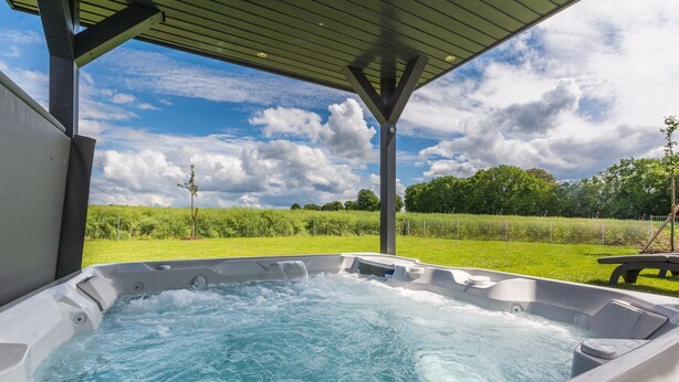 Uma banheira de hidromassagem com vista para um campo gramado e árvores, sob uma cobertura.