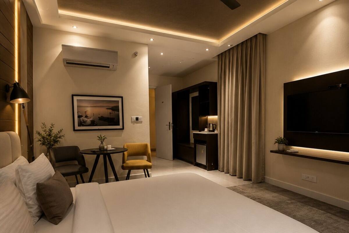 Memory foam beds, desk, laptop workspace, blackout drapes