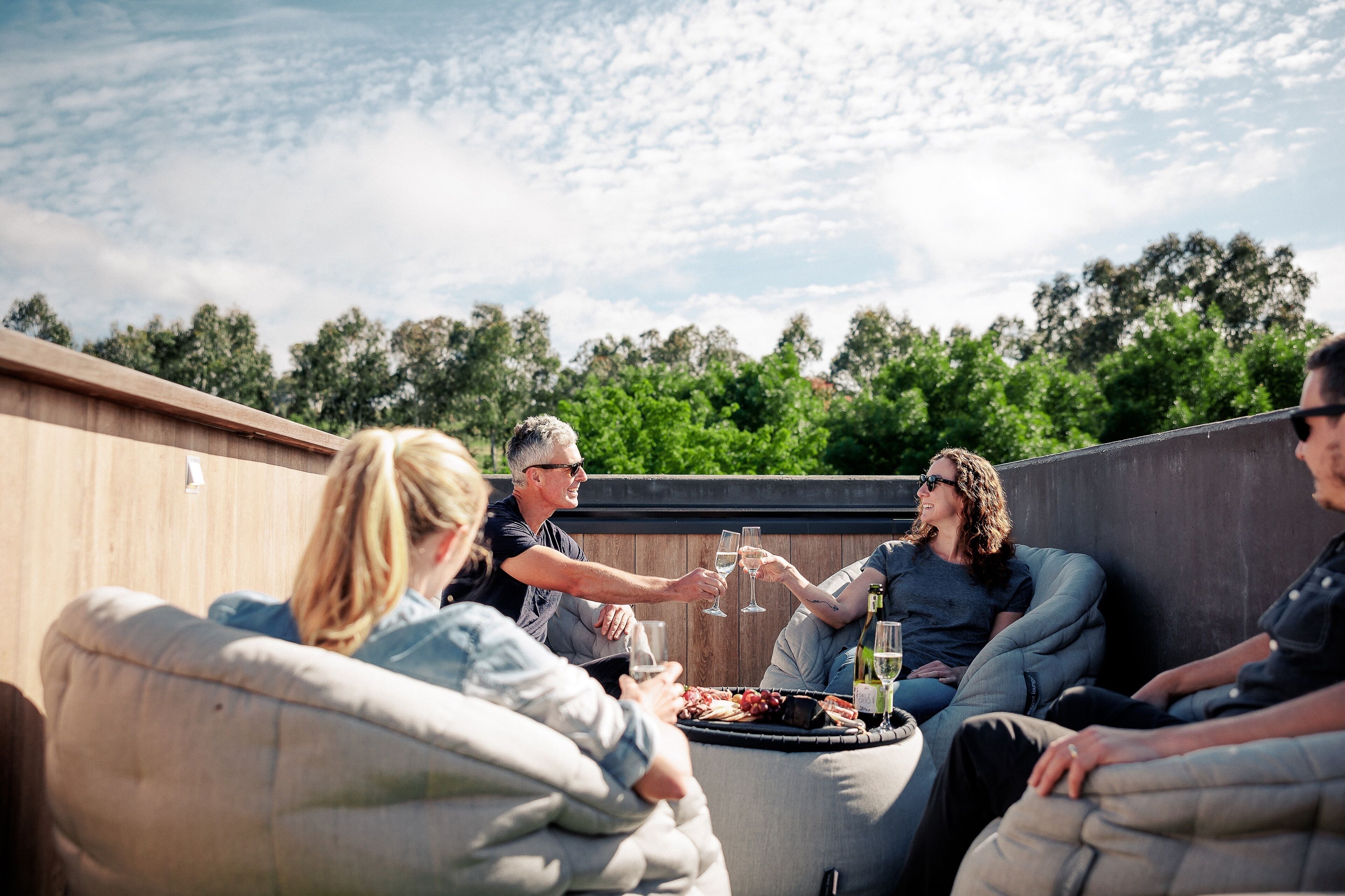 A group of people seated on outdoor furniture, toasting with glasses, with a table of food and drinks in front of them.