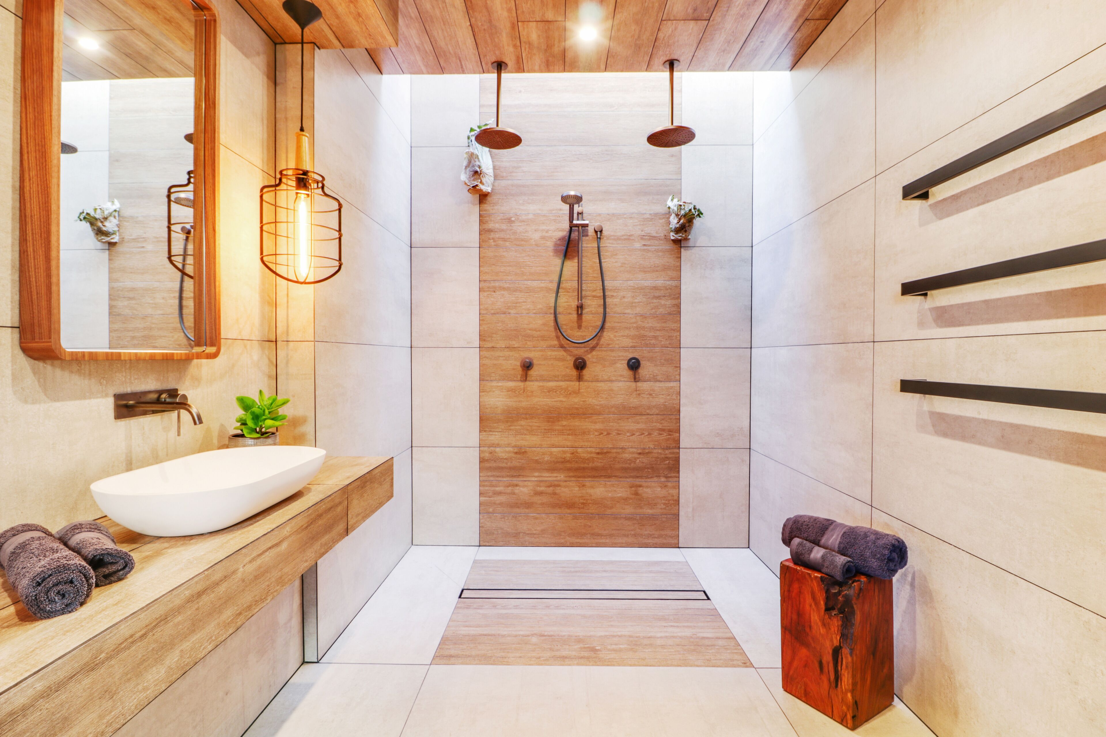 Shower, hair dryer, slippers, towels