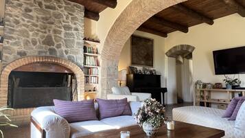 Smart TV, chimenea, consola de videojuegos y libros
