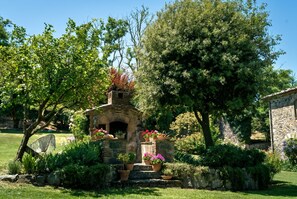A stone-built outdoor kitchen area with a brick oven, surrounded by lush greenery and flowering plants. - Collina Blu - Villa with gardens and panoramic heated pool (Orvieto)
