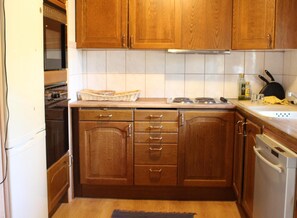 Frigorífico, microondas, horno y placa de cocina