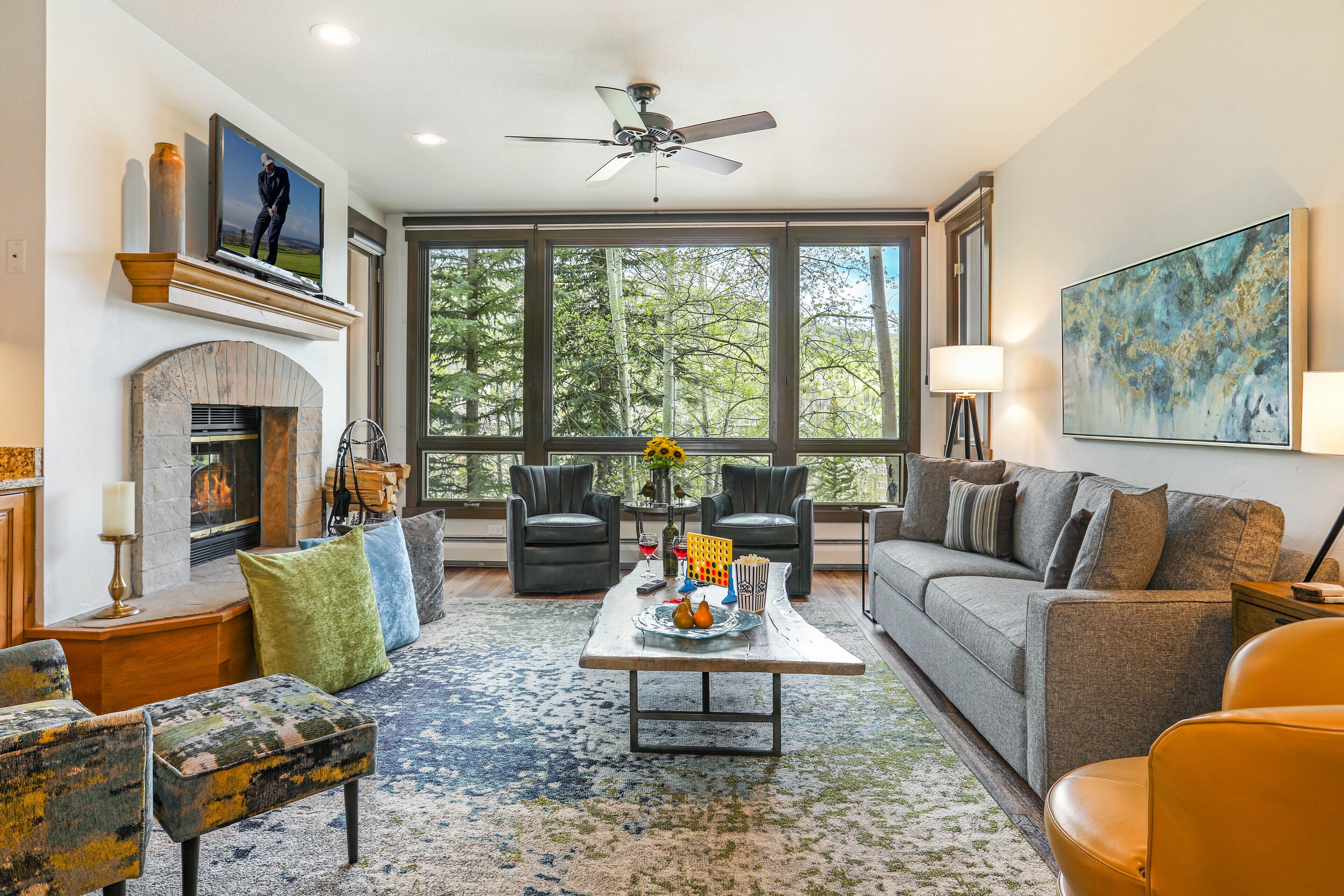 TV, fireplace, DVD player, stereo