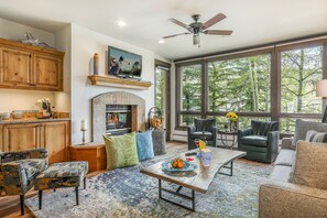 TV, fireplace, DVD player, stereo