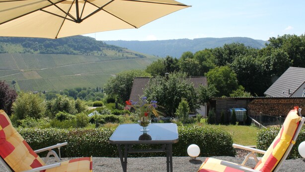 A patio with two chairs, a table, and an umbrella. The table has a vase with flowers. The background features a vineyard and a house.