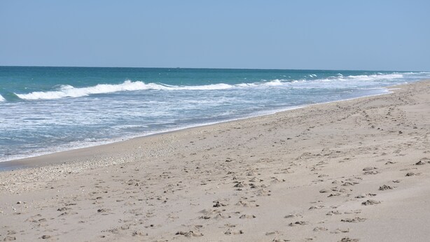 Ein sandiger Strand mit Fußspuren, die zum Wasser führen.