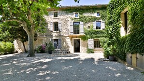 A stone building with a gravel courtyard, a tree, and potted plants. - Full of character, standing, SWIMMING POOL, large GARDEN, QUIET CHARM & BEAUTY (Avignon)