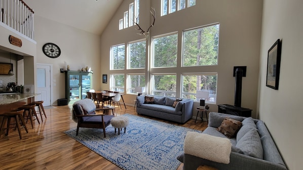 Smart TV, fireplace, DVD player, books
