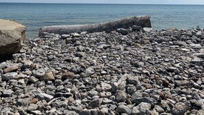 A rocky beach with large boulders and a calm sea under a clear sky. - Lake Ontario: Henderson, NY (Henderson)
