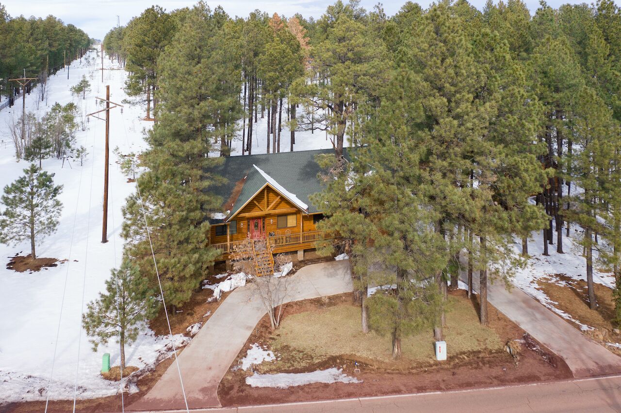 Une cabane en rondins, avec une façade en bois, entourée de grands pins et d’un paysage enneigé.