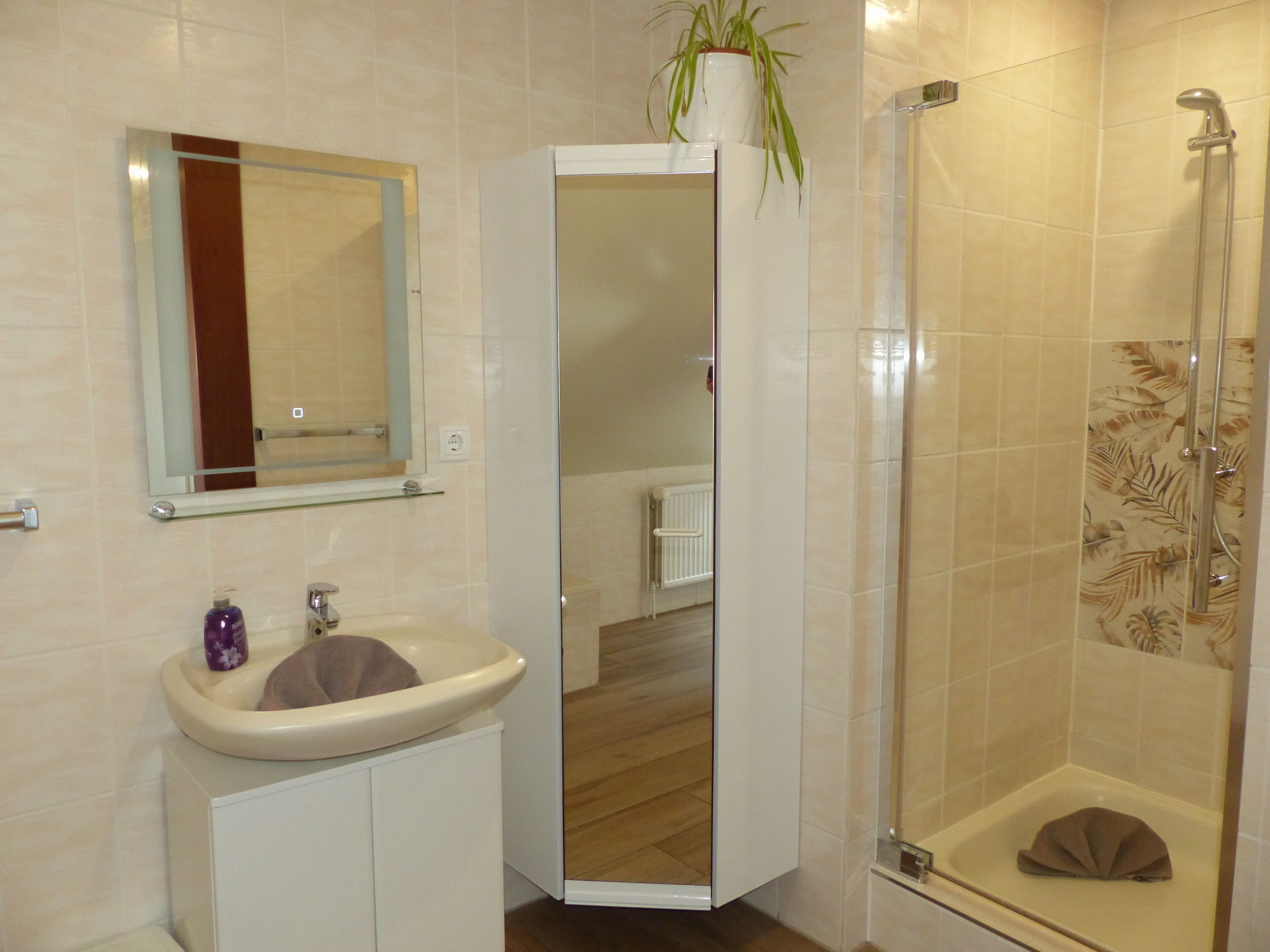 Familien-Doppel- oder -Zweibettzimmer | Badezimmer | Dusche, Hausschuhe, Handtücher