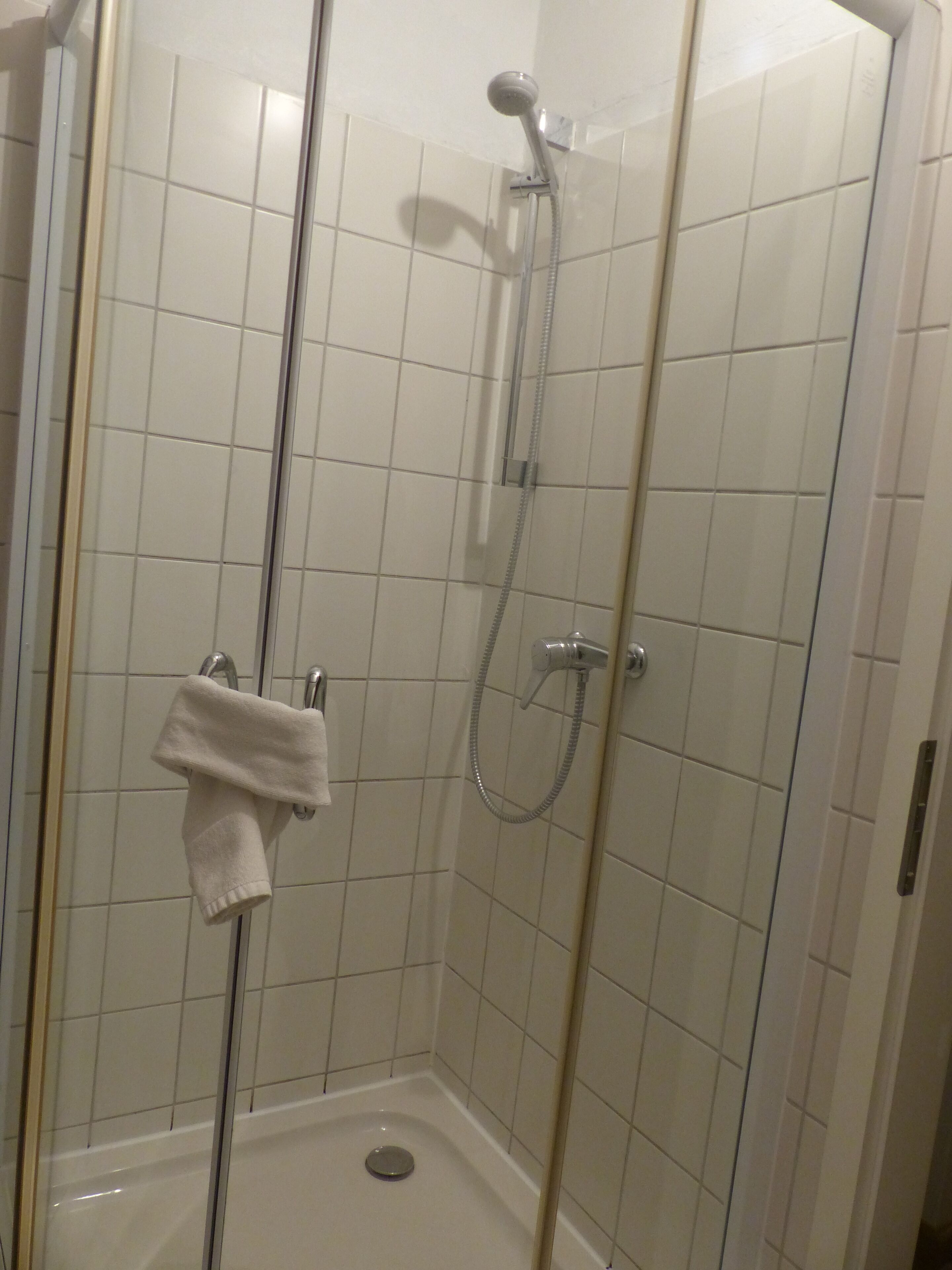 A glass-enclosed shower stall with white tiles, a handheld showerhead, and a towel rack with a white towel.