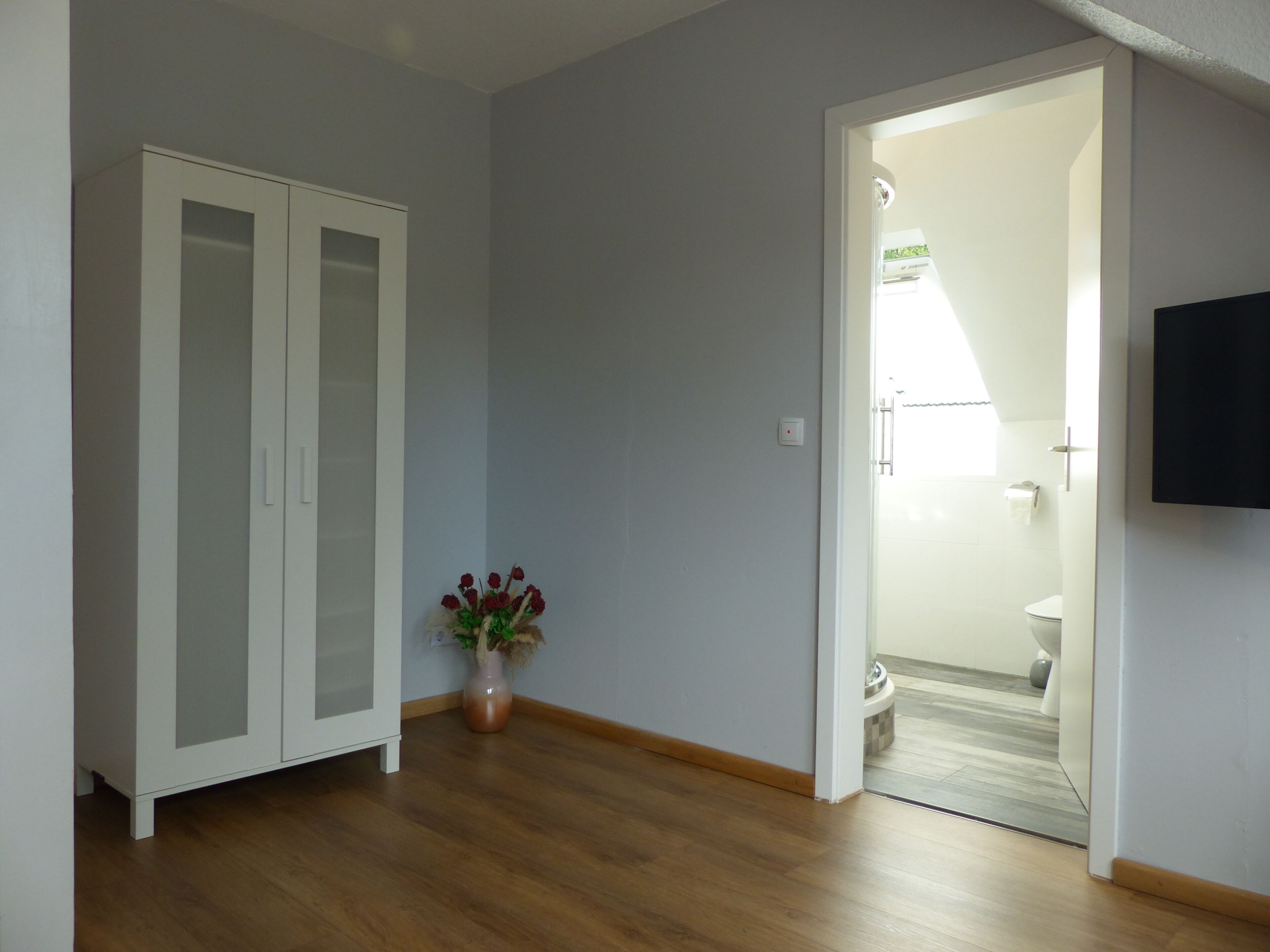 Een kamer met een houten vloer, een witte inloopkast en een deur naar een badkamer met toilet en douche.