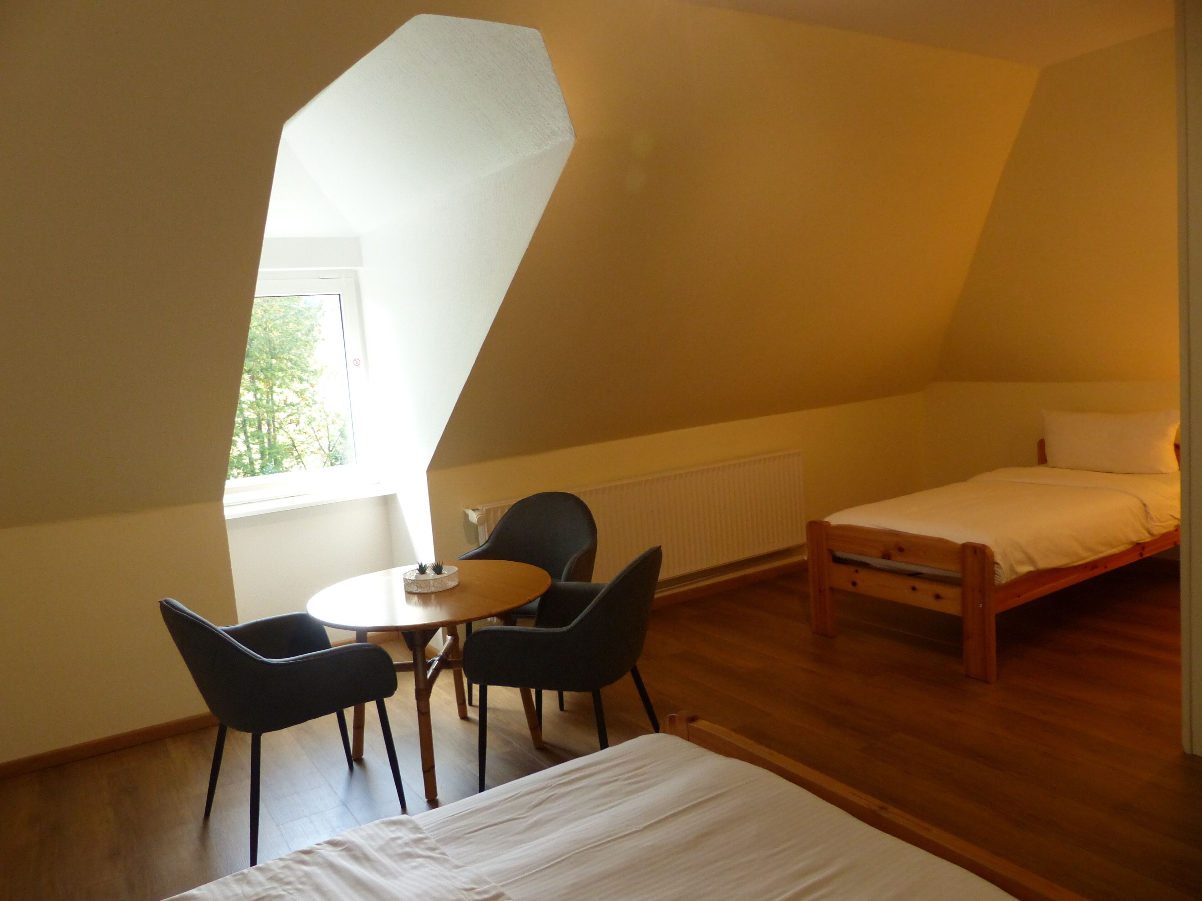 Ein kleiner, gut beleuchteter Raum mit einem Bett, einem runden Tisch und zwei Stühlen.