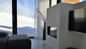 A modern living room with a large window, a flat-screen TV, and a vase with branches. - Design Villa Winterberg: Luxury vacation home directly on the slopes/meadow (Winterberg)