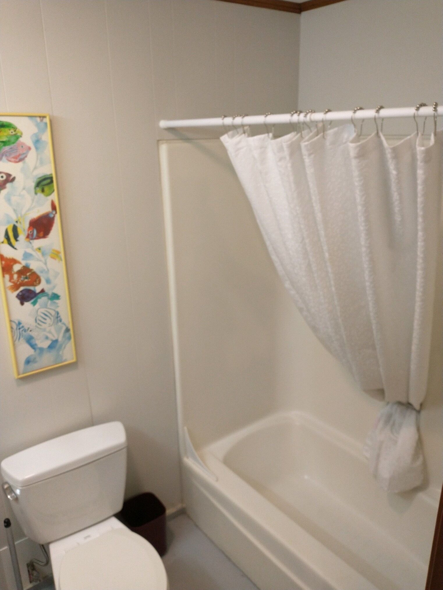 Un baño con inodoro, bañera y cortina de ducha.