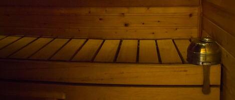 A sauna with wooden walls and benches.
