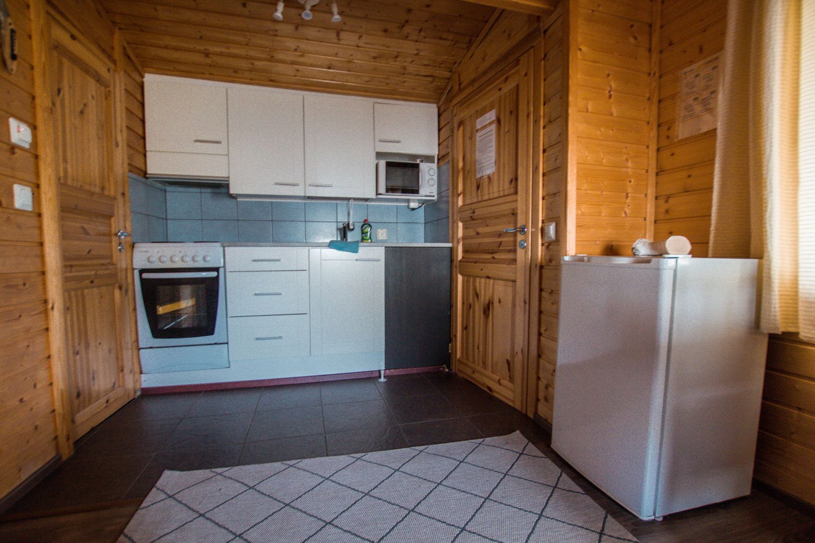 Une cuisine compacte avec des murs en bois, un four à micro-ondes, un four traditionnel et un réfrigérateur.
