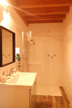 Dusche, Haartrockner, Seife, Toilettenpapier