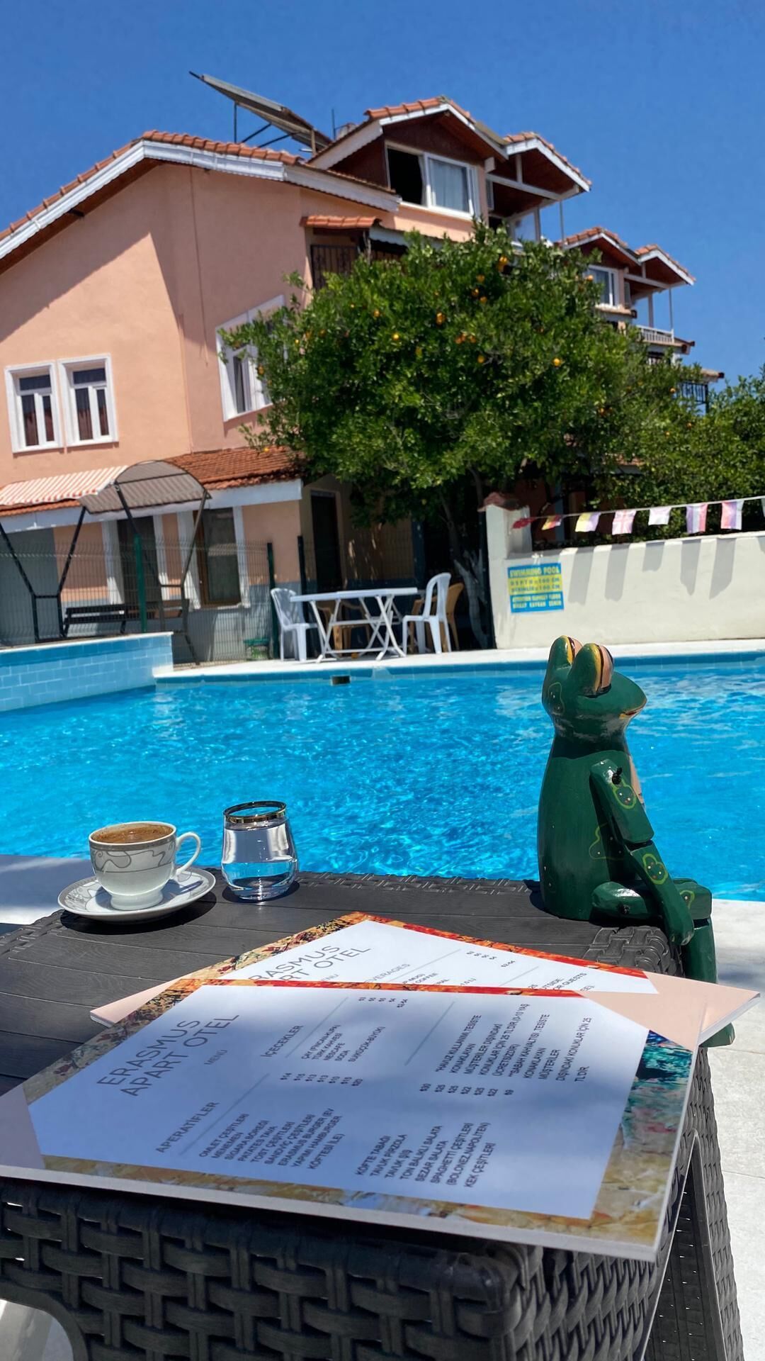   季节性开放的室外游泳池，池畔遮阳伞，日光浴躺椅