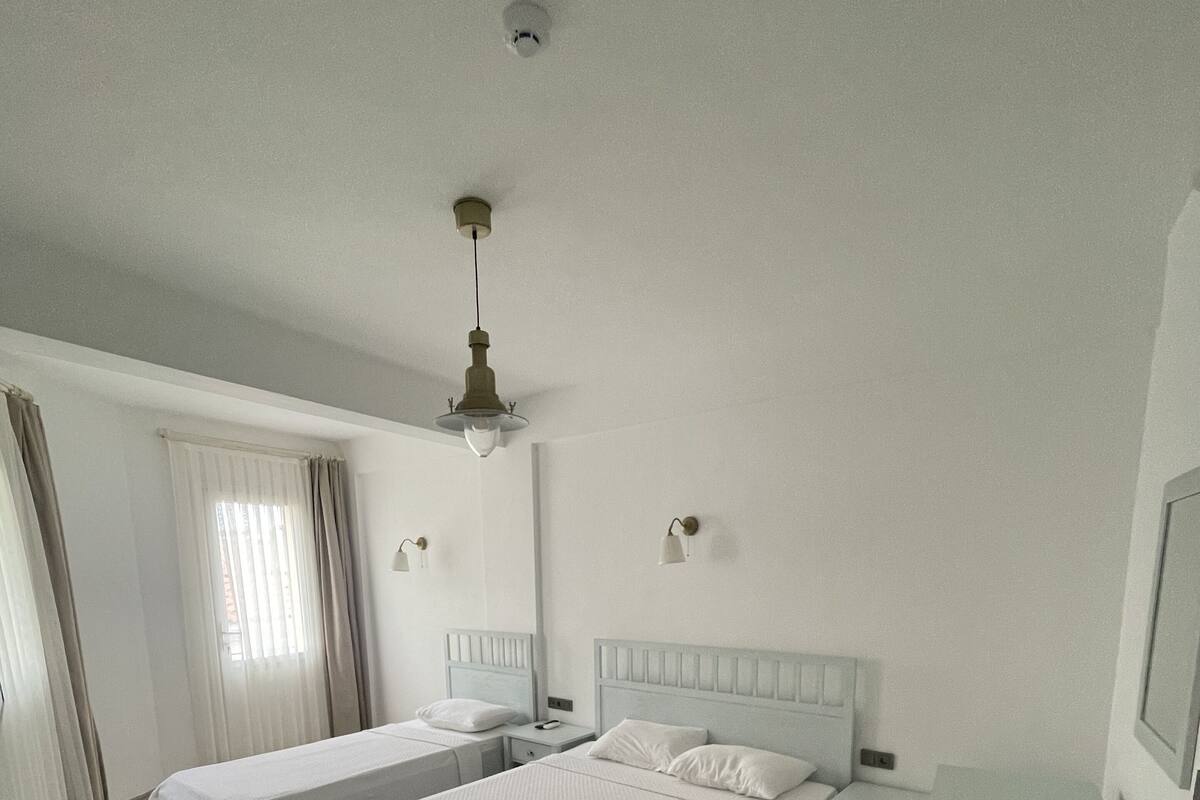 A bedroom with two single beds, a desk, and a chair.