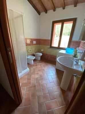 Een badkamer met twee toiletten, een wastafel en een raam.