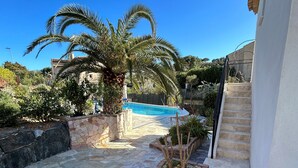 A stone patio with a pool, palm trees, and a staircase leading to a building. - Maxima Sunset WAIKIKI 4 pers (Sainte-Maxime)
