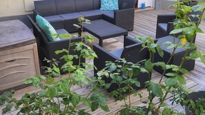 A patio area with a dark wicker sofa set, a small table, and potted plants. - Splendid view of the Château and the Loire (Saumur)
