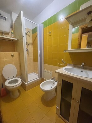 Een douche, een haardroger, handdoeken, toiletpapier